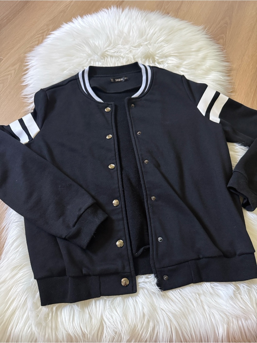 Women’s Black Varsity Bomber Jacket with White Stripe Detail
